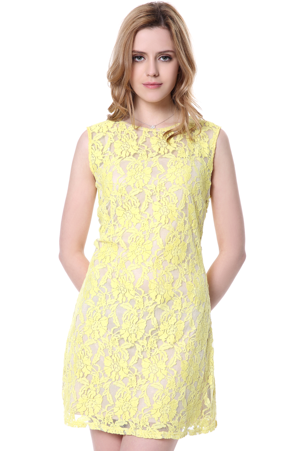 Retro Yellow Lace Floral Embroidery Shoulder And Back See-through Mini Dress